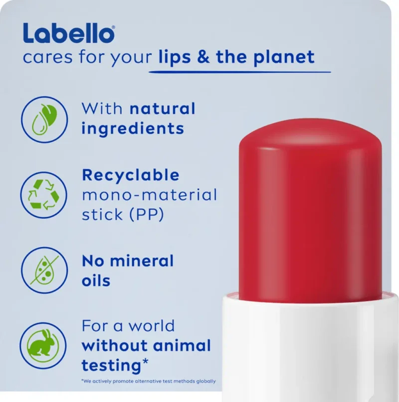 بالم لب مرطوب‌کننده و رنگی لابلو Labello Strawberry Shine با رایحه توت‌فرنگی و رنگ قرمز ملایم وزن 4.8 گرم - Image 6