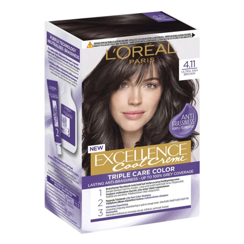 LOreal-Excellence-Color-Cool-Creme-4.11-Ultra-Cool-Medium-Brown-2 رنگ مو لورال LOREAL شماره 4.11 پایه قهوه ای دودی - Image 1