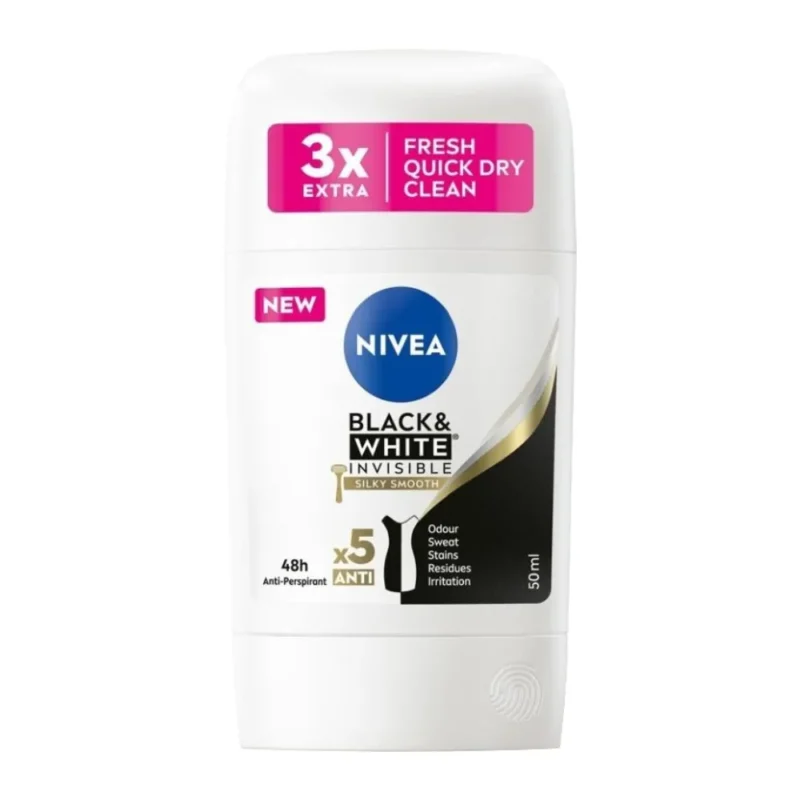nivea-black-and-white-invisible-silky-smooth-anti-perspirant-stick-50ml استیک ضد تعریق زنانه نیوآ Nivea Black And White Silky Smooth حجم 50 میل - Image 1