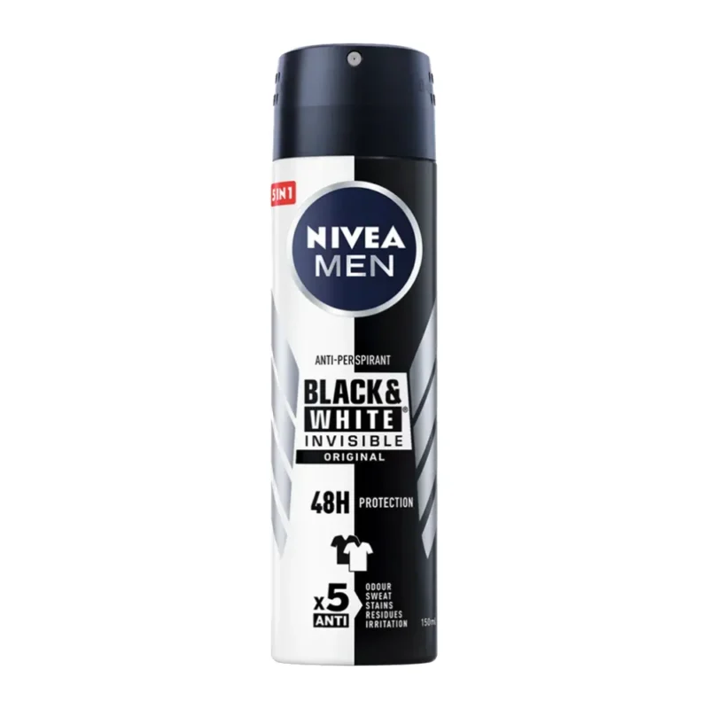nivea-men-antiperspirant-spray-black-and-white-invisible-150ml اسپری ضد تعریق مردانه نیوآ Nivea Black And White حجم 150 میل - Image 1
