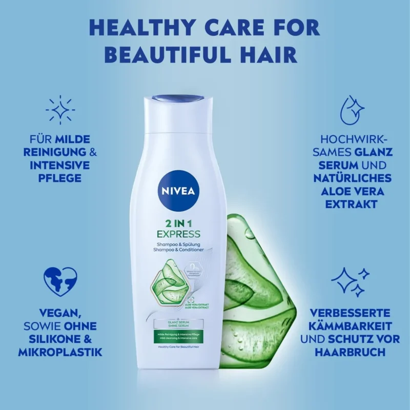 شامپو و نرم‌کننده دوکاره نیوآ با عصاره آلوئه‌ورا و سرم درخشان‌کننده NIVEA 2in1 Shampoo Aloe Vera and Shine Serum حجم 250 میل - Image 2