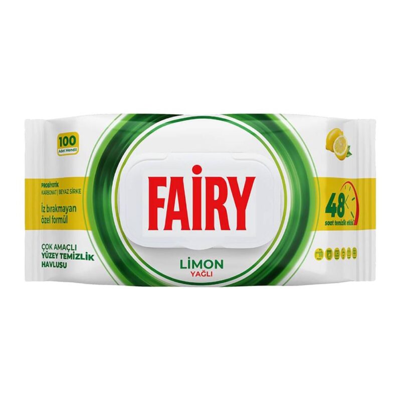 fairy-limon-cleanning-wipes-100pcs دستمال سطوح چند منظوره فیری Fairy Limon رایحه لیمو بسته 100 عددی - Image 1