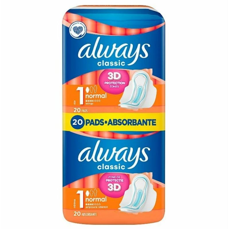 Aways classic 20pads size 1 normal نوار بهداشتی آلویز سایز 1 Always classic Normal بسته ۲۰ عددی - Image 1