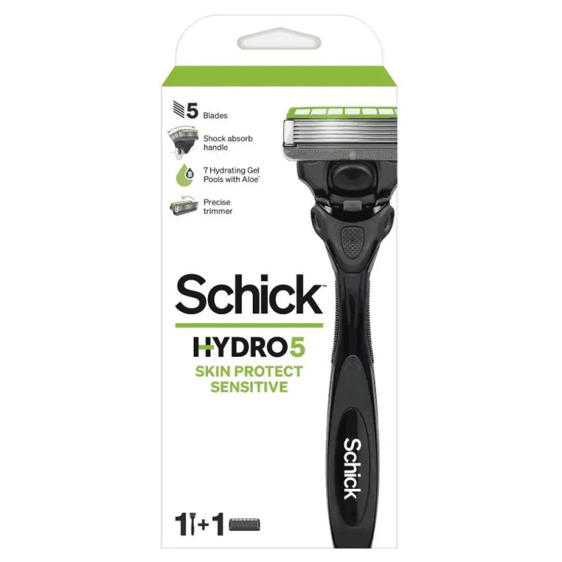SCHICK Hydro5 skin protect sensitive razor تیغ اصلاح 5 لبه مردانه پوست حساس شیک SCHICK Hydro5 skin protect sensitive بسته 1+1 عددی - Image 1