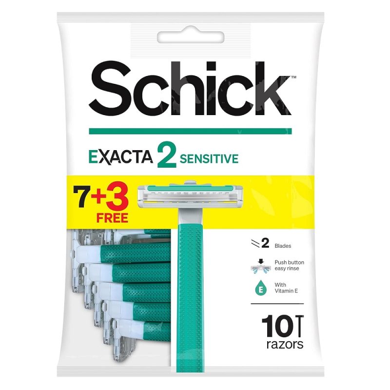 Schick exacta2 sensitive 7+3 free 10 razors تیغ اصلاح 2 لبه شیک Schick exacta2 sensitive بسته 10 عددی - Image 1