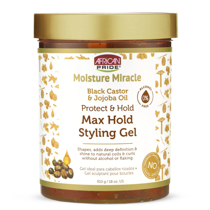 African Pride Moisture Miracle Black Castor & Jojoba Oil Max Hold Styling Gel ژل مو محافظ و حالت دهنده افریکن پراید African Pride حاوی روغن کرچک سیاه و جوجوبا - Image 1