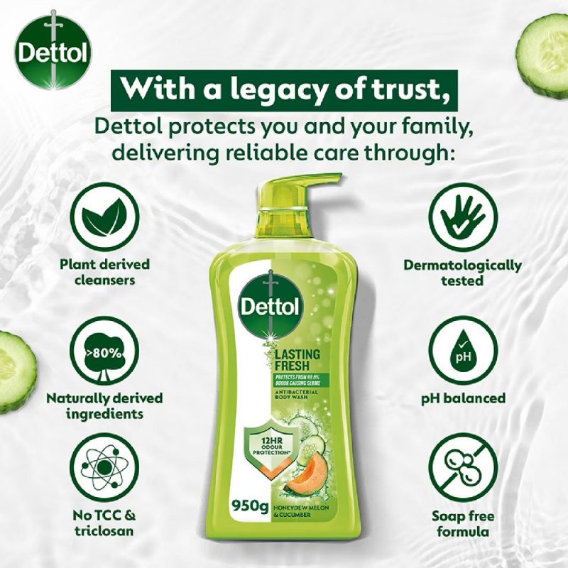شامپو بدن ضدعفونی کننده دتول رایحه طالبی و خیار Dettol Body Wash Lasting Fresh حجم 950 میل - Image 6