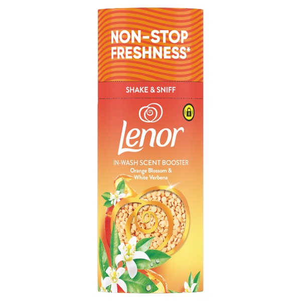 lenor-laundry-perfume-orange-blossom-white-verbena-in-wash-scent-booster-beads-155-g خوشبو کننده لباس لنور رایحه شکوفه پرتقال و گل شاه پسند سفید Lenor وزن 155 گرم - Image 1