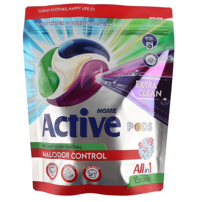 Active Home All in 1 brilliant stain removal malodor control 15pcs پاد ماشین لباسشویی اکتیو Active All in 1 بسته 15 عددی - Image 1