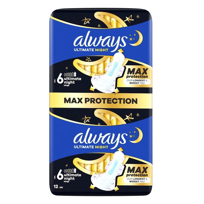 always-size-6-ultra-secure-night-max-12-pads نوار بهداشتی ویژه شب آلویز always ultra secure night max سایز 6 بسته 12 عددی - Image 1