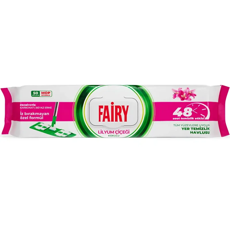fairy-lilyum-wipes-for-mops-50pcs دستمال مرطوب مخصوص تی رایحه گل لیلیوم Fairy Powder بسته 50 عددی - Image 1