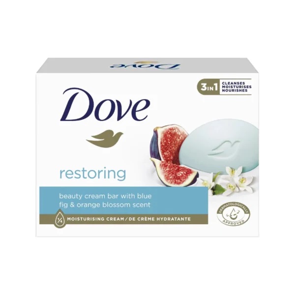DOVE RESTORING BEAUTY CREAM BAR WITH BLUe FIG & ORANGE BLOSSM SCENT 90g صابون داو رایحه انجیر و شکوفه پرتقال Dove restoring وزن 90 گرم - Image 1