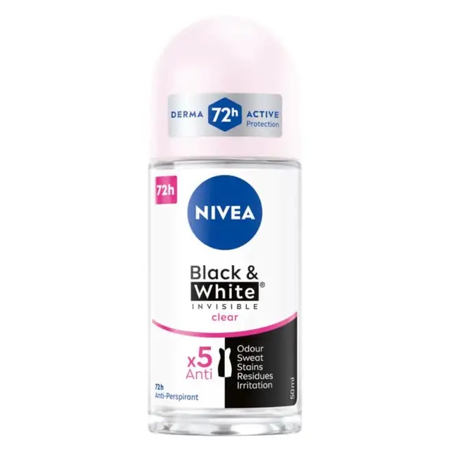 NIVEA BLACK & WHITE INVISIBLE CLEAR ANTI-PERSPIRANT ROLL ON رول ضد تعریق زنانه نیوا Nivea BLACK & WHITE INVISIBLE حجم 50 میل - Image 1