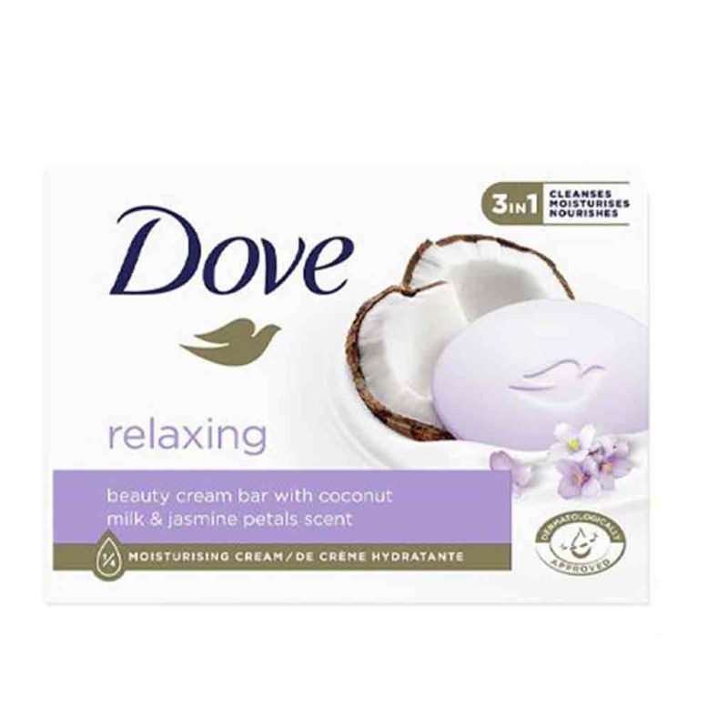 dove-relaxing-beauty-bar-with coconut milk and jasmine petals scent-90g صابون داو شیر نارگیل Dove Pink رایحه نارگیل و گل یاسمین حجم 90 گرم - Image 1