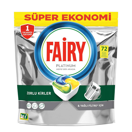 fairy platinum hepsi bir arada lemon 72 tablets قرص ماشین ظرفشویی فیری پلاتینیوم رایحه لیمو fairy platinum بسته 72 عددی - Image 1