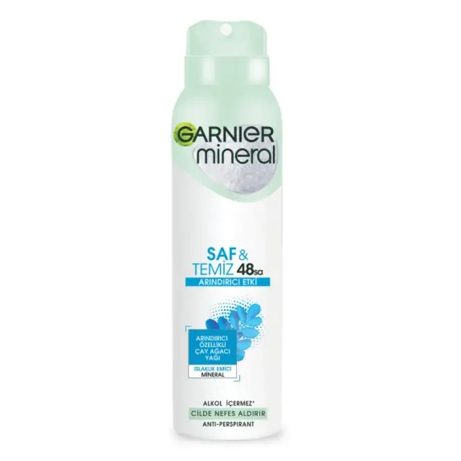 Garnier Mineral Pure & Clean Spray Deodorant 150ml اسپری ضدتعریق زنانه گارنیه Garnier حاوی مواد معدنی و روغن درخت چای حجم 150 میل - Image 1