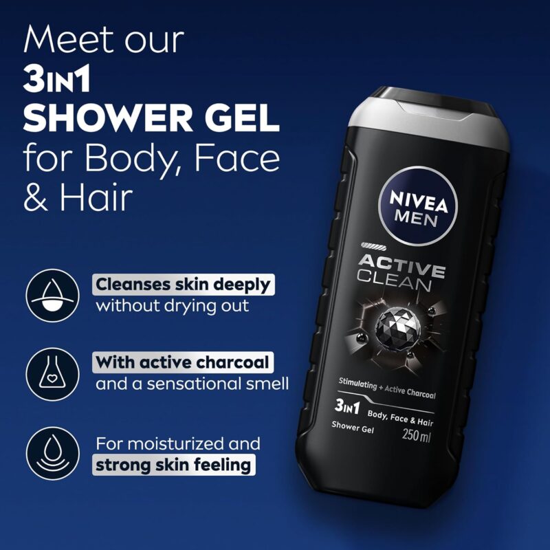 شامپو سر و بدن مردانه نیوا NIVEA ACTIVE CLEAN حاوی زغال فعال حجم 250 میل - Image 3