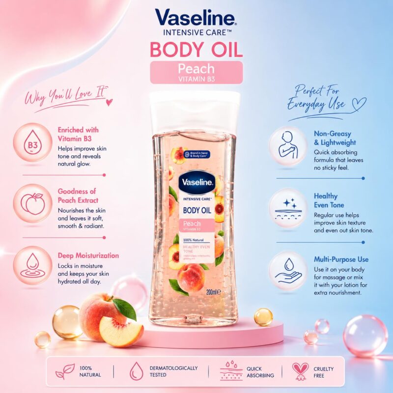 روغن بدن وازلین Vaseline Intensive Care با عصاره هلو و ویتامین B3 حجم 200 میل - Image 3