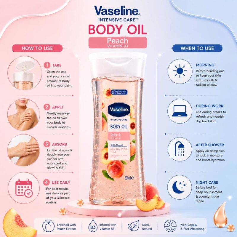 روغن بدن وازلین Vaseline Intensive Care با عصاره هلو و ویتامین B3 حجم 200 میل - Image 4