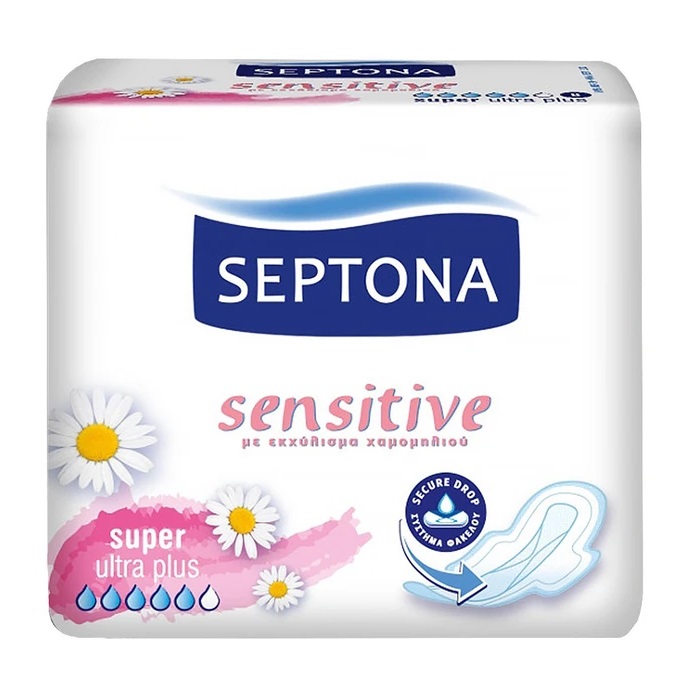 Septona Sensitive Super Ultra Plus Sanitary Napkins نوار بهداشتی بالهدار سپتونا مناسب پوست حساس Septona حاوی عصاره بابونه بسته 8 عددی - Image 1