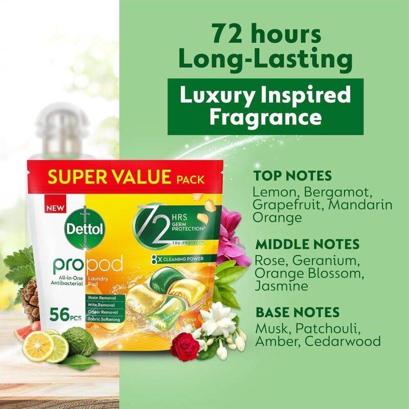 کپسول ماشین لباسشویی آنتی‌باکتریال دتول پروپاد Dettol Propod All-in-One Citrus Rose بسته 56 عددی - Image 5