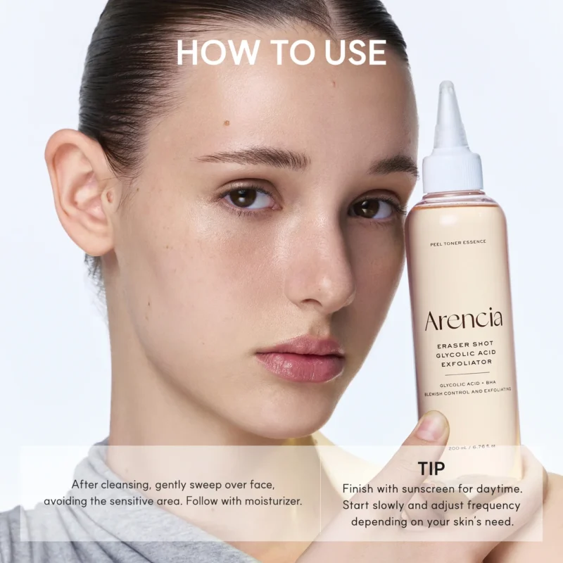 تونر لایه‌بردار و پاکسازی‌کننده آرنسیا Arencia Eraser Shot Glycolic Acid Exfoliator حاوی 10٪ گلیکولیک اسید، سالیسیلیک اسید و هیالورونیک اسید حجم 200 میل - Image 9