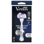خودتراش زنانه ژیلت ونوس Venus Deluxe Smooth Platinum دارای 5 تیغه با روکش الماس‌مانند و دسته فلزی به همراه 2 یدک