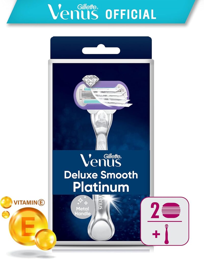 خودتراش زنانه ژیلت ونوس Venus Deluxe Smooth Platinum دارای 5 تیغه با روکش الماس‌مانند و دسته فلزی به همراه 2 یدک - Image 8