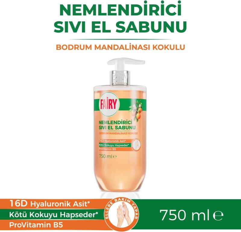 مایع دستشویی مرطوب‌کننده فیری Fairy با رایحه نارنگی بدروم حاوی هیالورونیک اسید 16D و پروویتامین B5 حجم 750 میل - Image 2