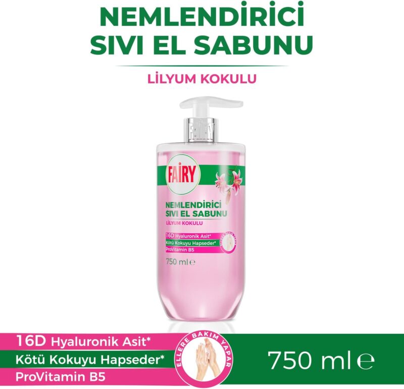 مایع دستشویی مرطوب‌کننده فیری Fairy با رایحه گل لیلیوم حاوی هیالورونیک اسید 16D و پروویتامین B5 حجم 750 میل - Image 3