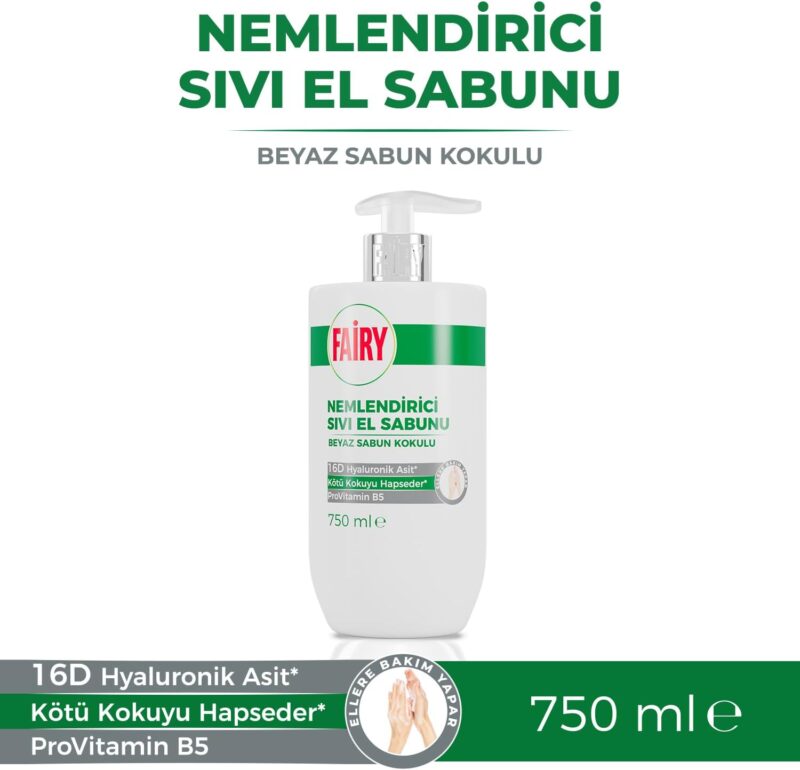 مایع دستشویی مرطوب‌کننده فیری Fairy با رایحه صابون سفید حاوی هیالورونیک اسید 16D و پروویتامین B5 حجم 750 میل - Image 2