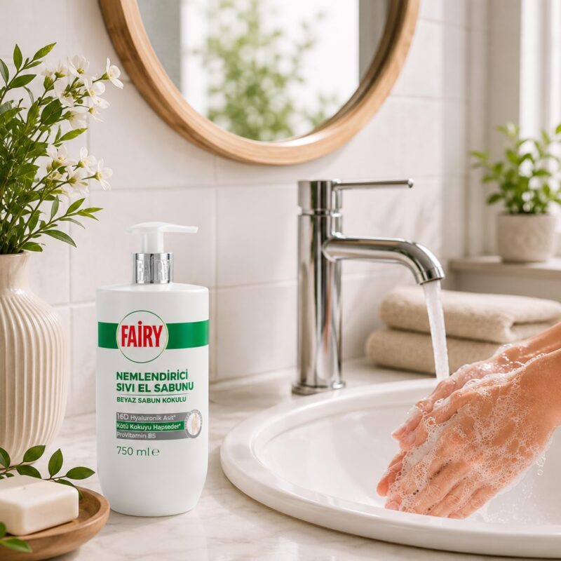مایع دستشویی مرطوب‌کننده فیری Fairy با رایحه صابون سفید حاوی هیالورونیک اسید 16D و پروویتامین B5 حجم 750 میل - Image 3