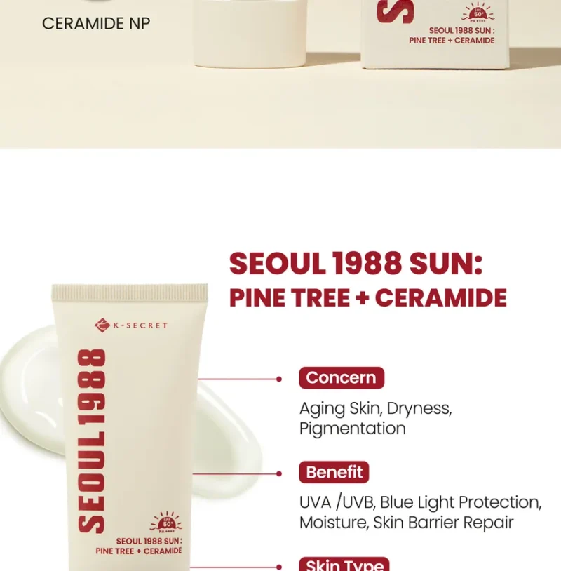 ضد آفتاب سبک و تقویت‌کننده سد دفاعی پوست کی‌سکرت K-SECRET SEOUL 1988 Sun Pine Tree + Ceramide SPF50 حجم 50 میل - Image 3